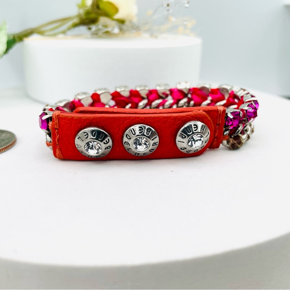 Henri Bendel Red Leather Hot Pink Crystal Stone Logo Snap Bracelet